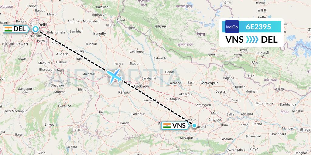 6E2395 IndiGo Airlines Flight Map: Varanasi to Delhi