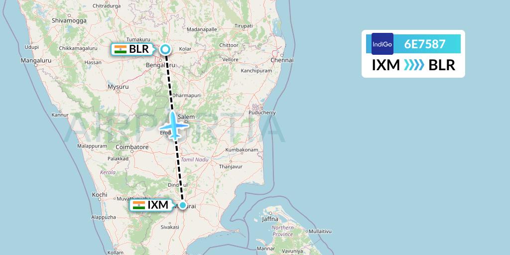 6E7587 IndiGo Airlines Flight Map: Madurai to Bangalore