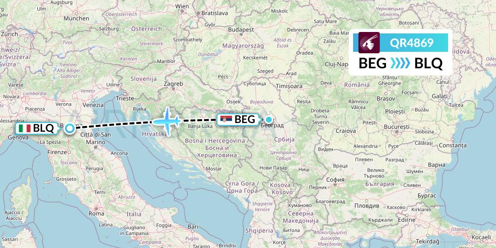 QR4869 Qatar Airways Flight Map: Belgrade to Bologna