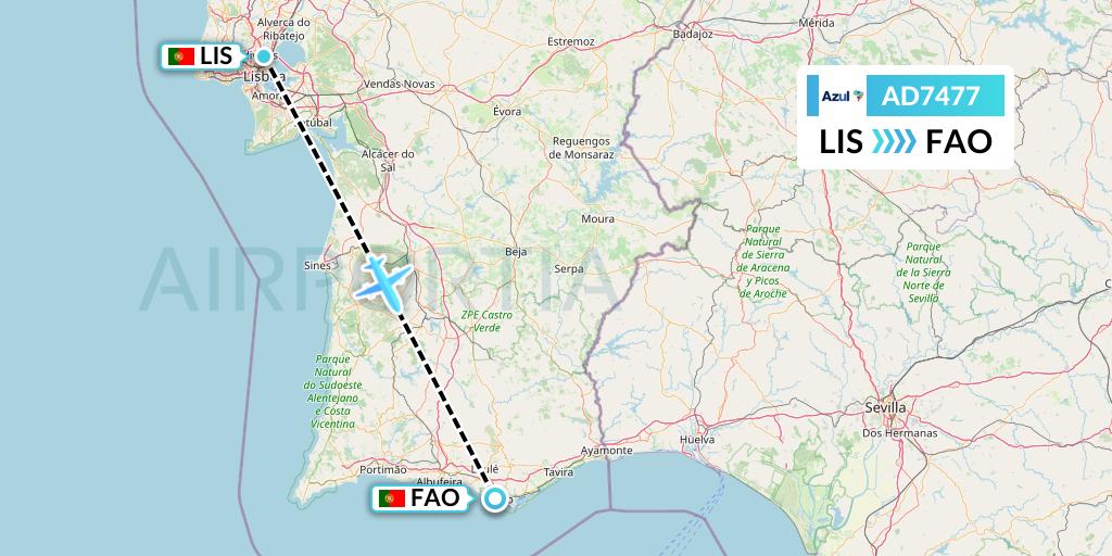 AD7477 Azul Brazilian Airlines Flight Map: Lisbon to Faro