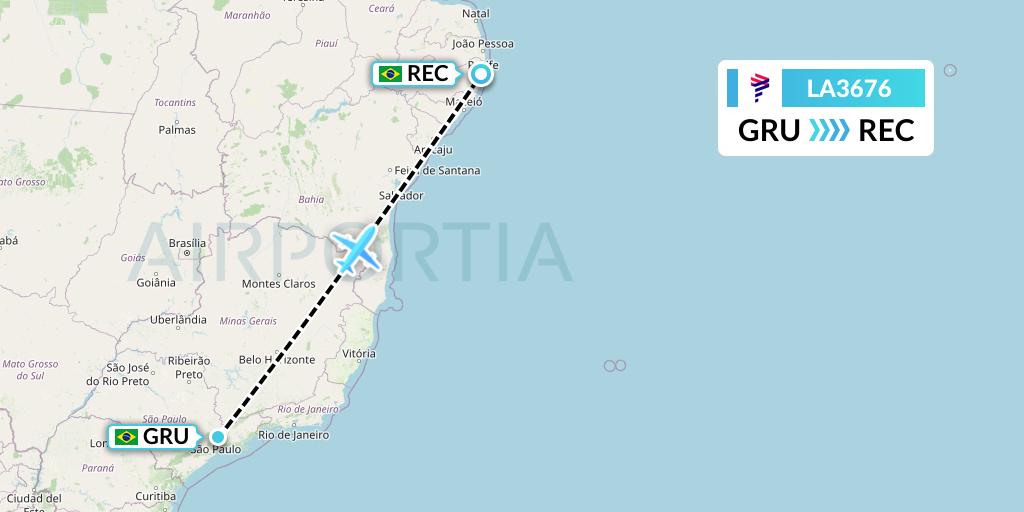 LA3676 LAN Airlines Flight Map: Sao Paulo to Recife