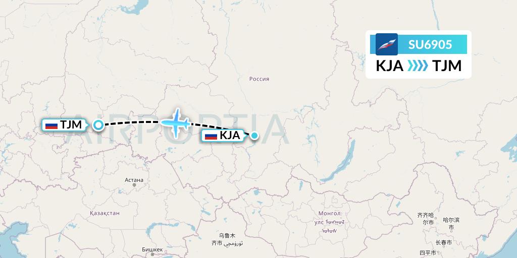 SU6905 Aeroflot Flight Map: Krasnoyarsk to Tyumen