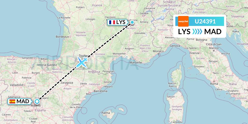 U24391 EasyJet Flight Map: Lyon to Madrid