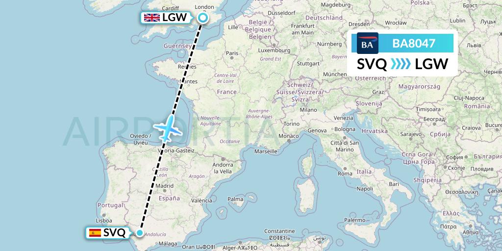 BA8047 British Airways Flight Map: Seville to London
