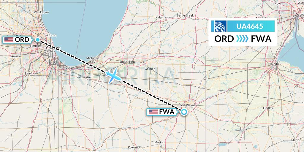 UA4645 United Airlines Flight Map: Chicago to Fort Wayne