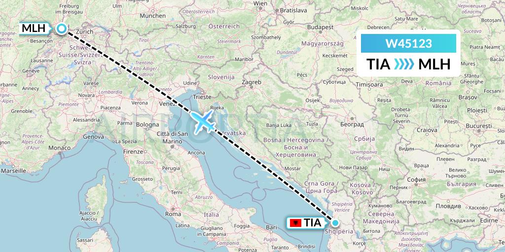 W45123 Wizz Air Malta Flight Map: Tirana to Basel Mulhouse Freiburg
