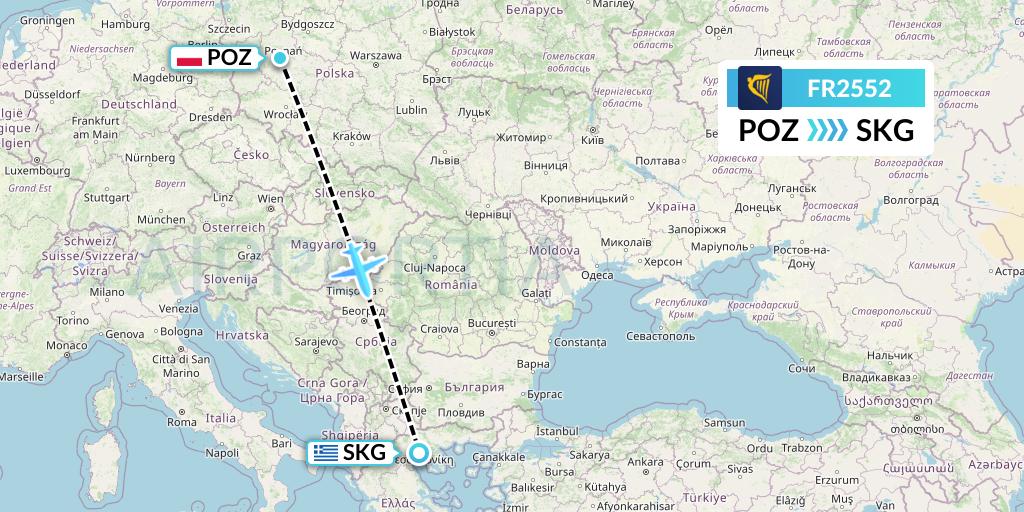 FR2552 Ryanair Flight Map: Poznan to Thessaloniki