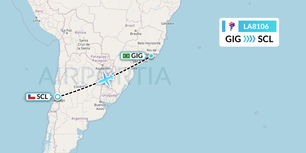 LA8106 LAN Airlines Flight Map: Rio de Janeiro to Santiago