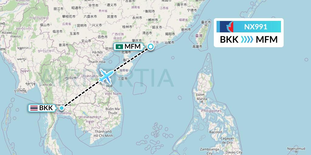 NX991 Air Macau Flight Map: Bangkok to Macau