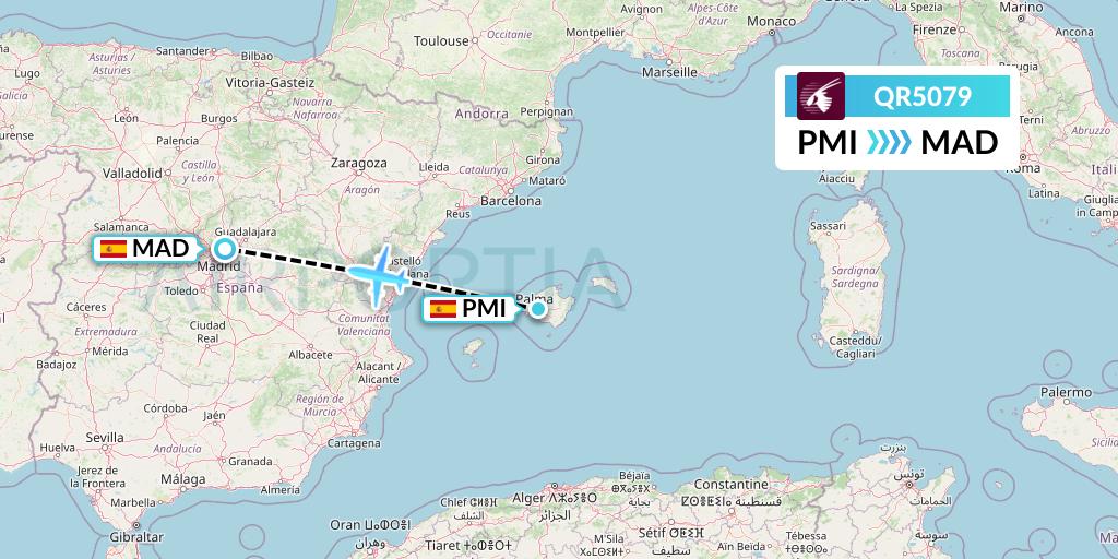 QR5079 Qatar Airways Flight Map: Palma de Mallorca to Madrid