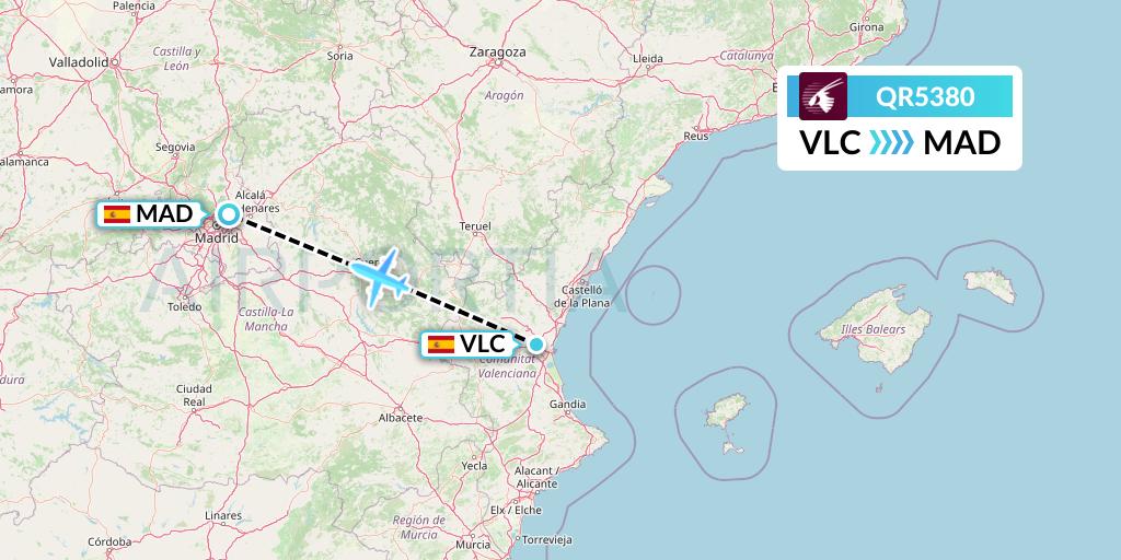 QR5380 Qatar Airways Flight Map: Valencia to Madrid