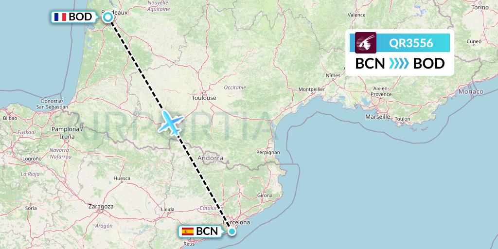 QR3556 Qatar Airways Flight Map: Barcelona to Bordeaux