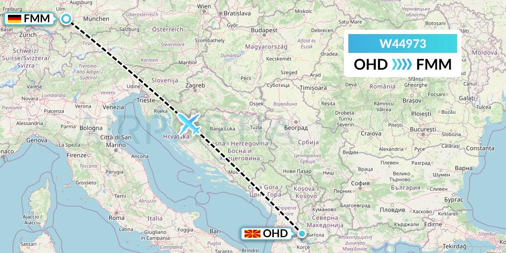 W44973 Wizz Air Malta Flight Map: Ohrid to Memmingen
