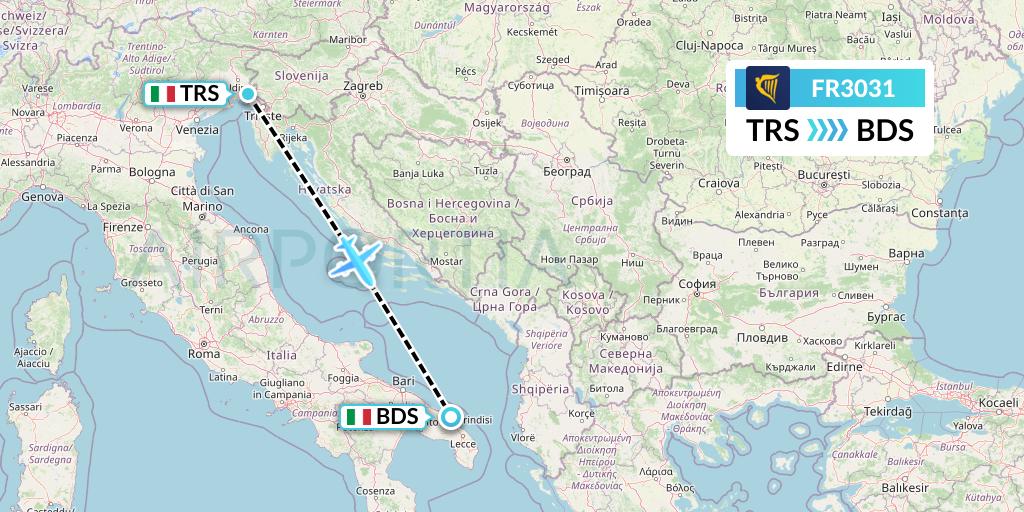 FR3031 Ryanair Flight Map: Trieste to Brindisi
