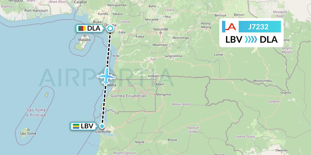 J7232 Afrijet Business Services Flight Map: Libreville to Douala