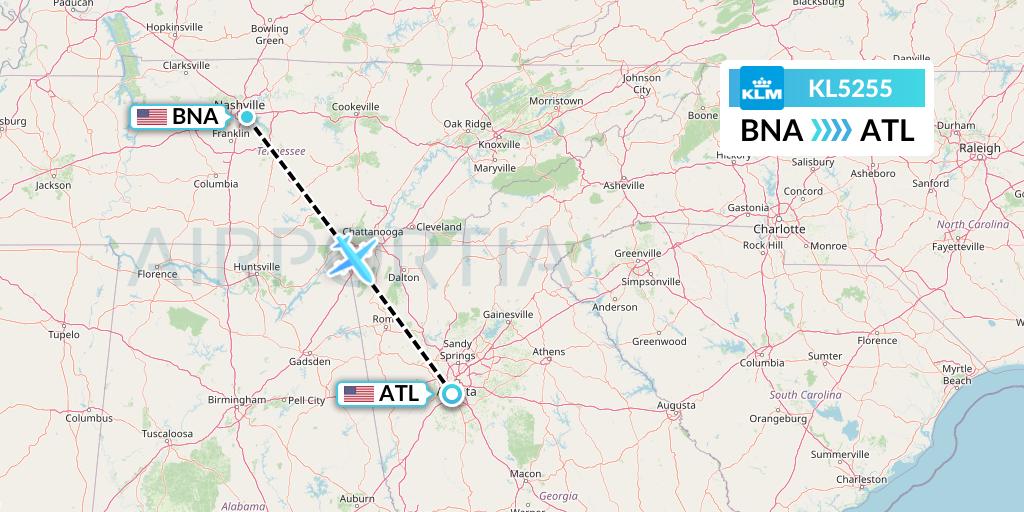 KL5255 KLM Flight Map: Nashville to Atlanta
