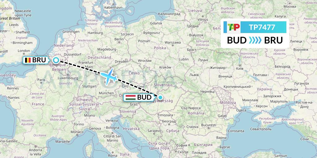TP7477 TAP Portugal Flight Map: Budapest to Brussels