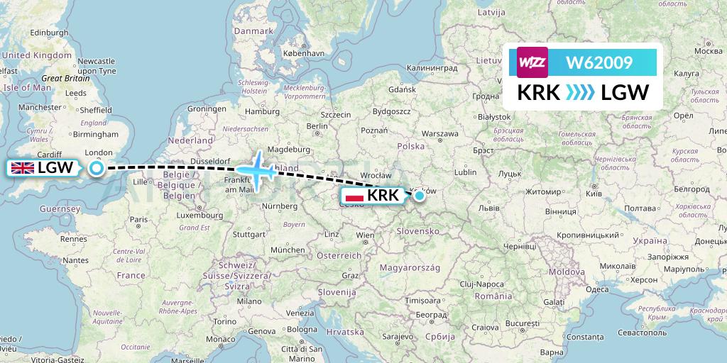 W62009 Wizz Air Flight Map: Krakow to London