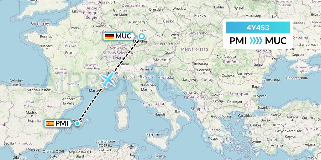 4Y453 Eurowings Discover Flight Map: Palma de Mallorca to Munich