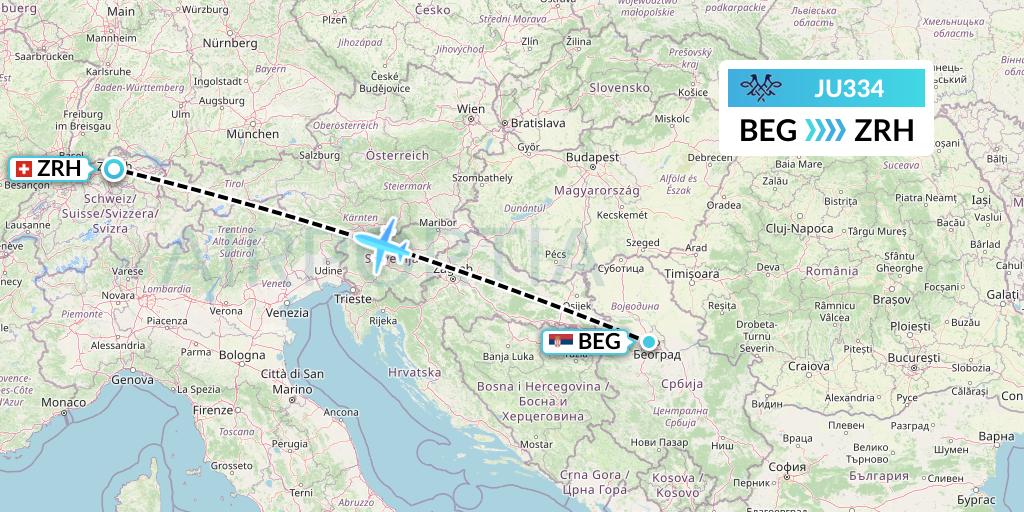 JU334 AirSERBIA Flight Map: Belgrade to Zurich