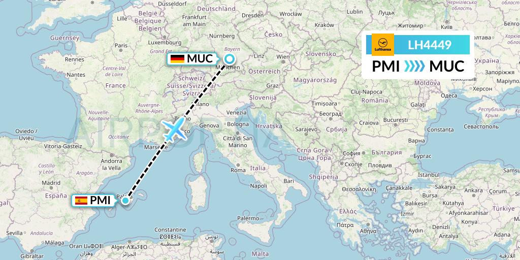 LH4449 Lufthansa Flight Map: Palma de Mallorca to Munich
