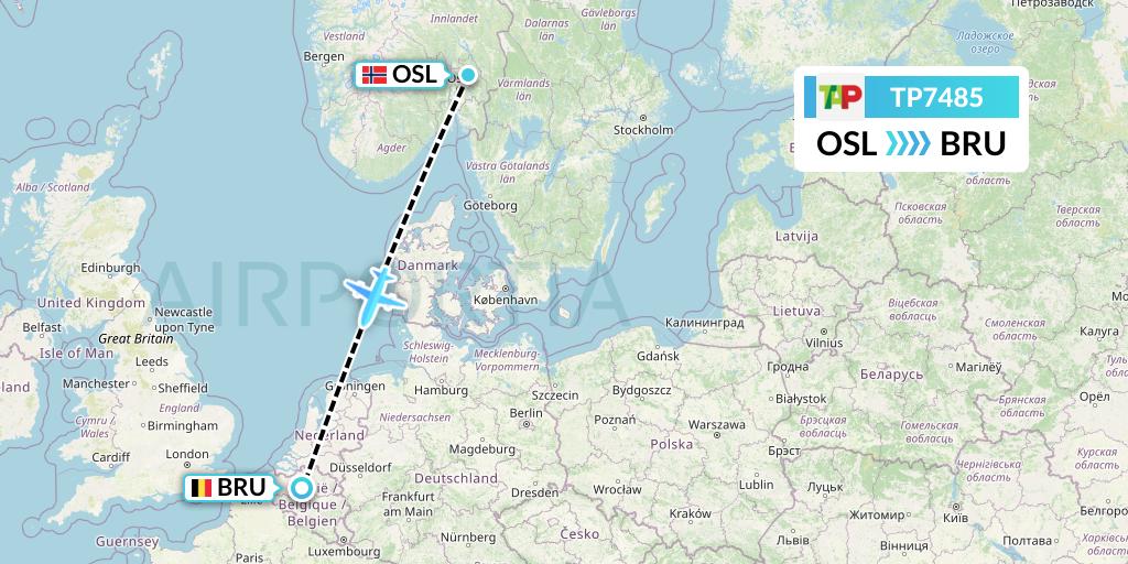 TP7485 TAP Portugal Flight Map: Oslo to Brussels