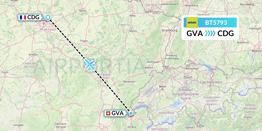 BT5793 Air Baltic Flight Map: Geneva to Paris