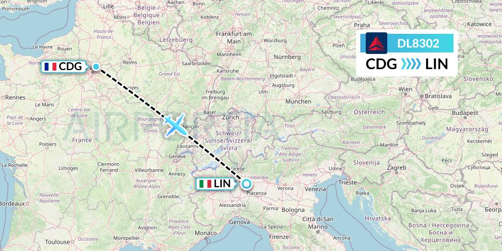 DL8302 Delta Air Lines Flight Map: Paris to Milan