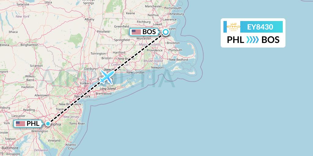 EY8430 Etihad Airways Flight Map: Philadelphia to Boston