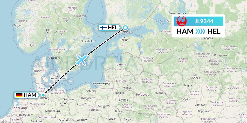 JL9344 Japan Airlines Flight Map: Hamburg to Helsinki