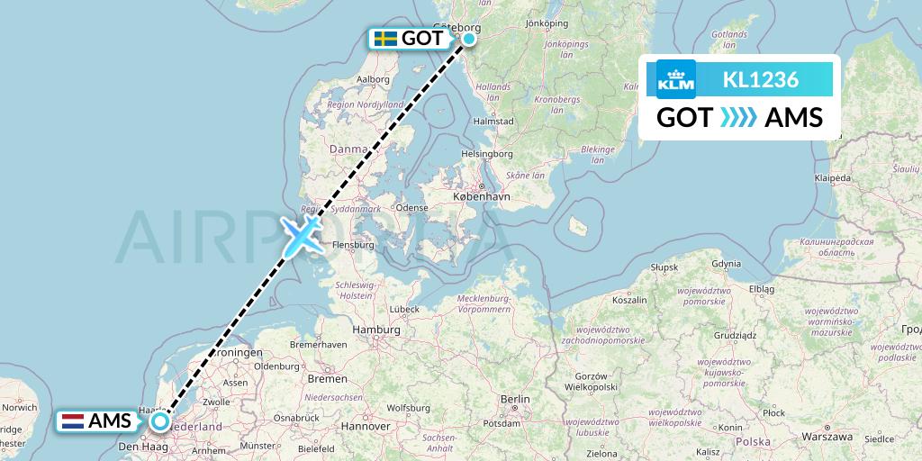 KL1236 KLM Flight Map: Gothenburg to Amsterdam