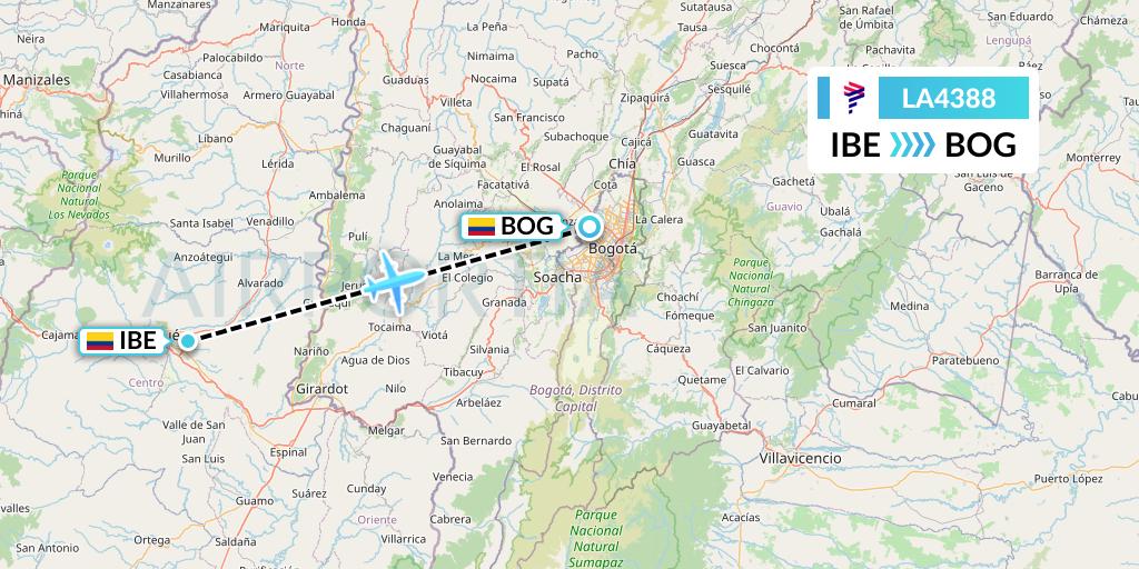 LA4388 LAN Airlines Flight Map: Ibague to Bogota