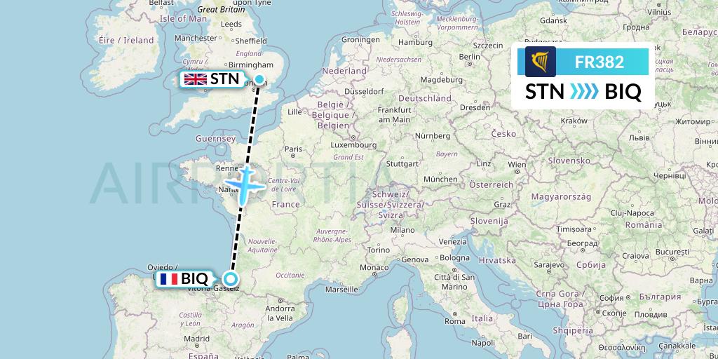 FR382 Ryanair Flight Map: London to Biarritz