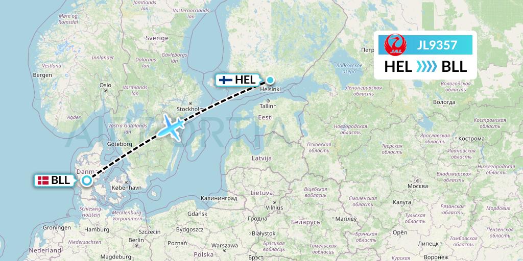 JL9357 Japan Airlines Flight Map: Helsinki to Billund