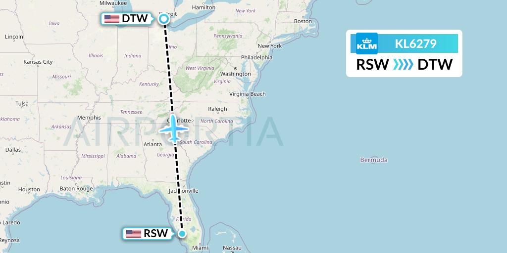 KL6279 KLM Flight Map: Fort Myers to Detroit