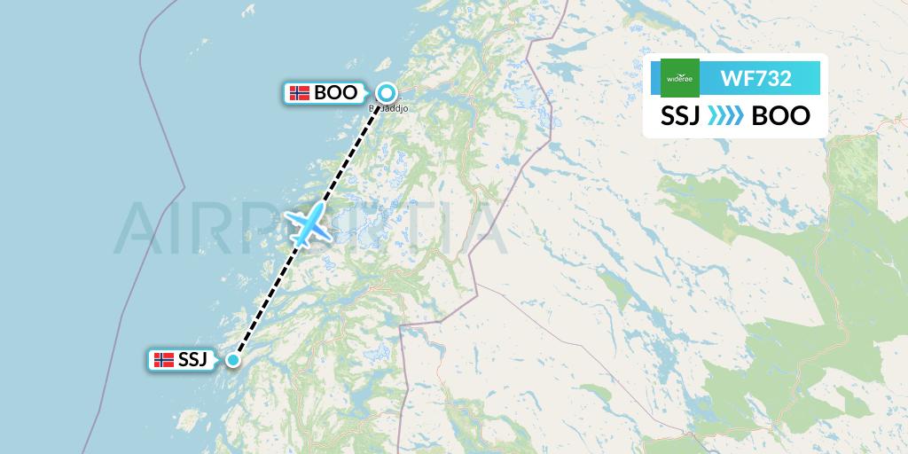 WF732 Wideroe Flight Map: Sandnessjoen to Bodo