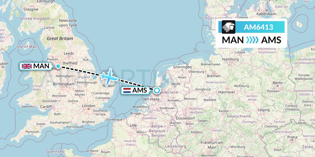 AM6413 Aeromexico Flight Map: Manchester to Amsterdam