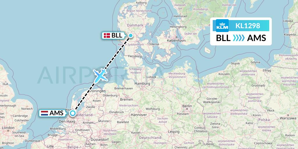 KL1298 KLM Flight Map: Billund to Amsterdam