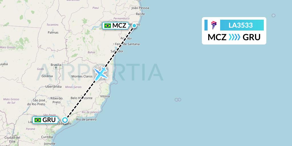 LA3533 LAN Airlines Flight Map: Maceio to Sao Paulo