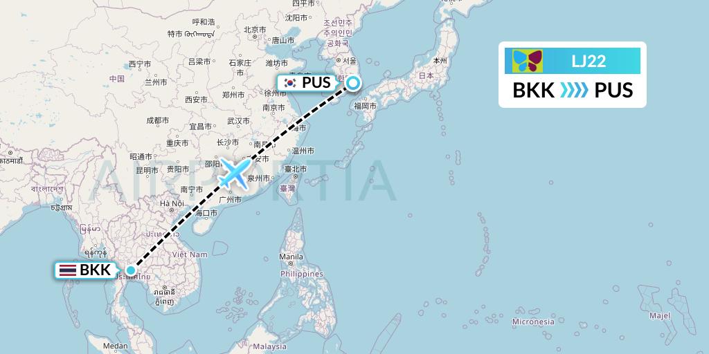LJ22 Jin Air Flight Map: Bangkok to Busan