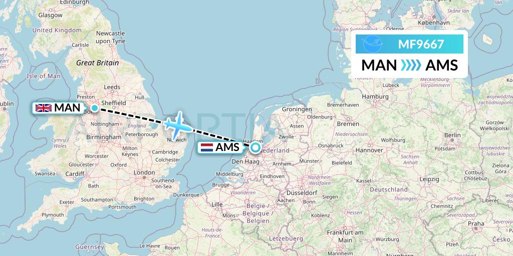 MF9667 Xiamen Airlines Flight Map: Manchester to Amsterdam