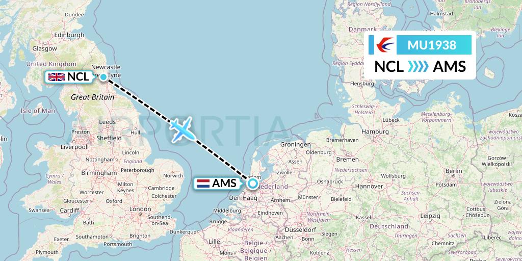 MU1938 China Eastern Airlines Flight Map: Newcastle to Amsterdam