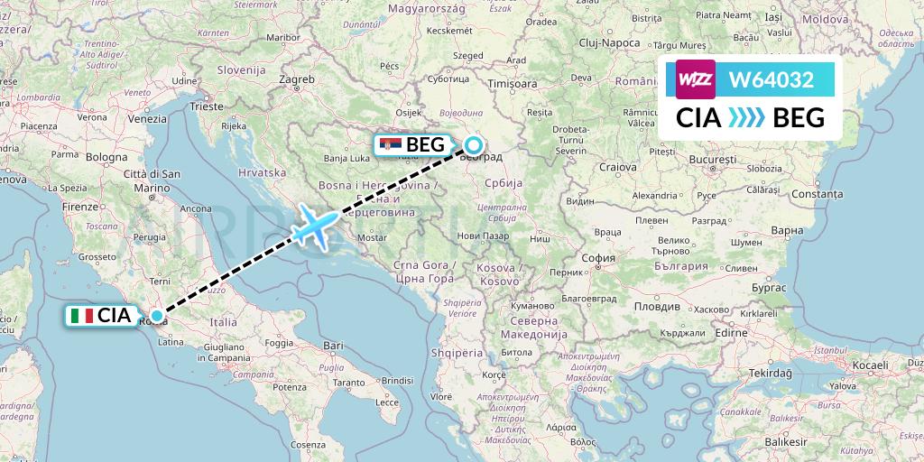 W64032 Wizz Air Flight Map: Rome to Belgrade