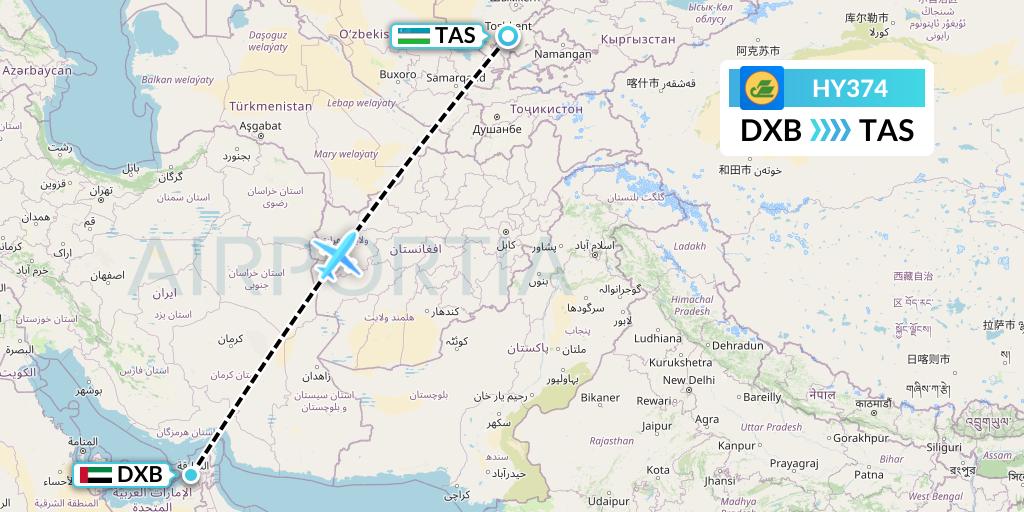 HY374 Uzbekistan Airways Flight Map: Dubai to Tashkent