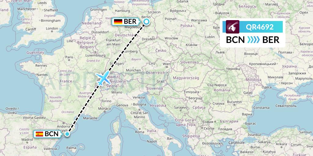QR4692 Qatar Airways Flight Map: Barcelona to Berlin