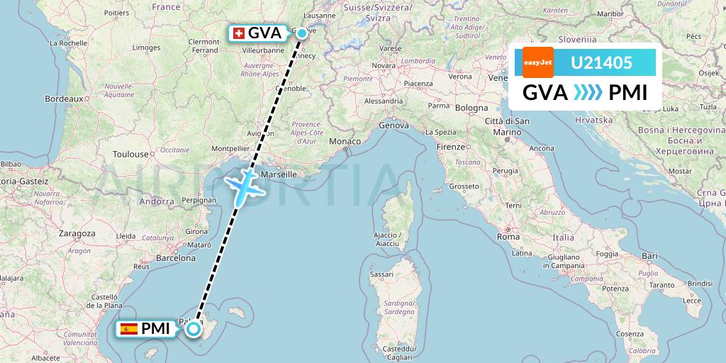 U21405 EasyJet Flight Map: Geneva to Palma de Mallorca