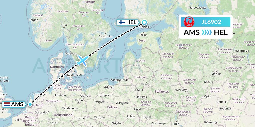 JL6902 Japan Airlines Flight Map: Amsterdam to Helsinki