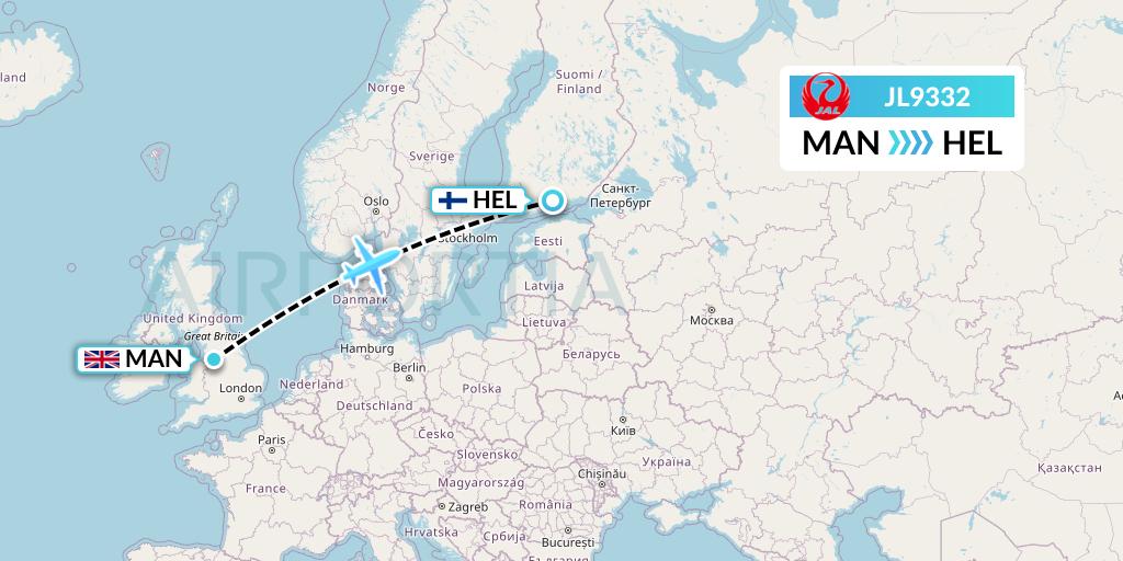 JL9332 Japan Airlines Flight Map: Manchester to Helsinki