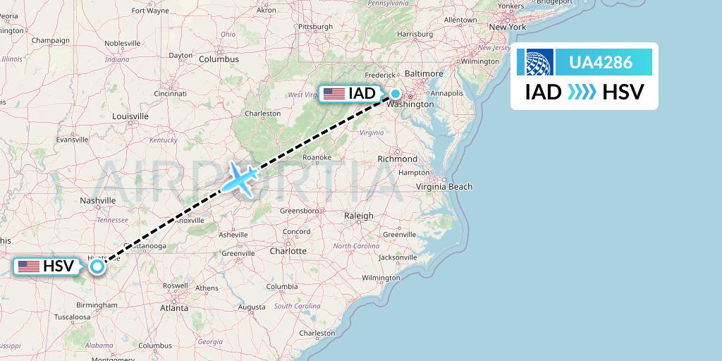 UA4286 United Airlines Flight Map: Washington to Huntsville