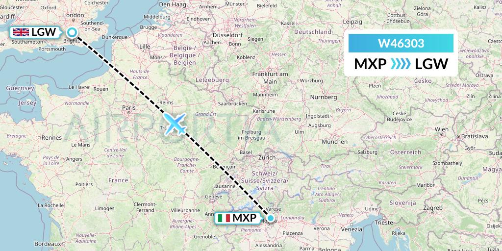 W46303 Wizz Air Malta Flight Map: Milan to London